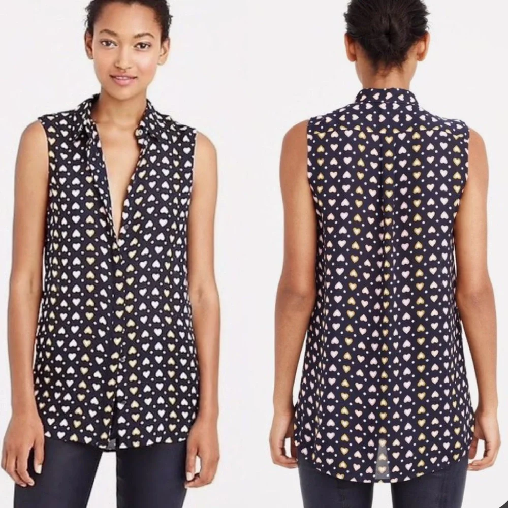 J. Crew Hearts Sleeveless Blouse Heart Navy - Picture 2 of 6